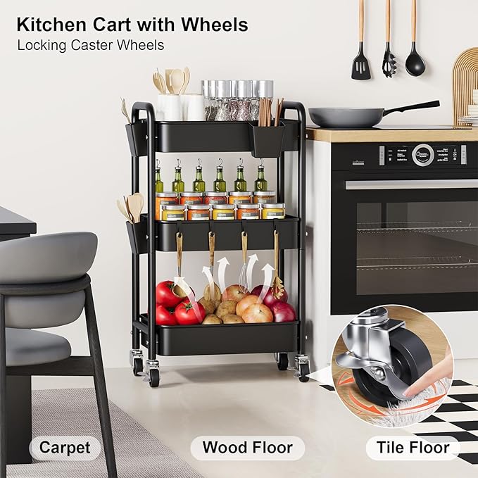 3 Tier Rolling Cart Metal with Wheels, Black Three Tiered Art Cart Organizer on Wheels, Storage Utility Trolley Carts for Kithcen, Craft, Nail, Lash, Makeup, Salon,Bedside, Bathroom, Office, Snack