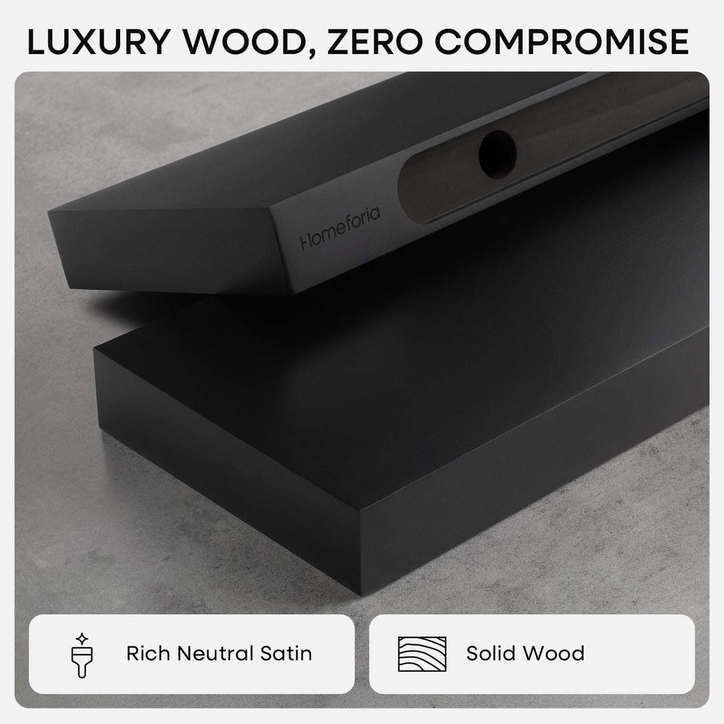 Homeforia Black Floating Shelves 24 inch, High End Solid Real Wood 24inch Bathroom Floating Shelf for Wall Mounted, Black Wooden 24in Floating Shelves, Heavy Duty Bracket, 24 X 6.5 X 1.75 in, Set of 2
