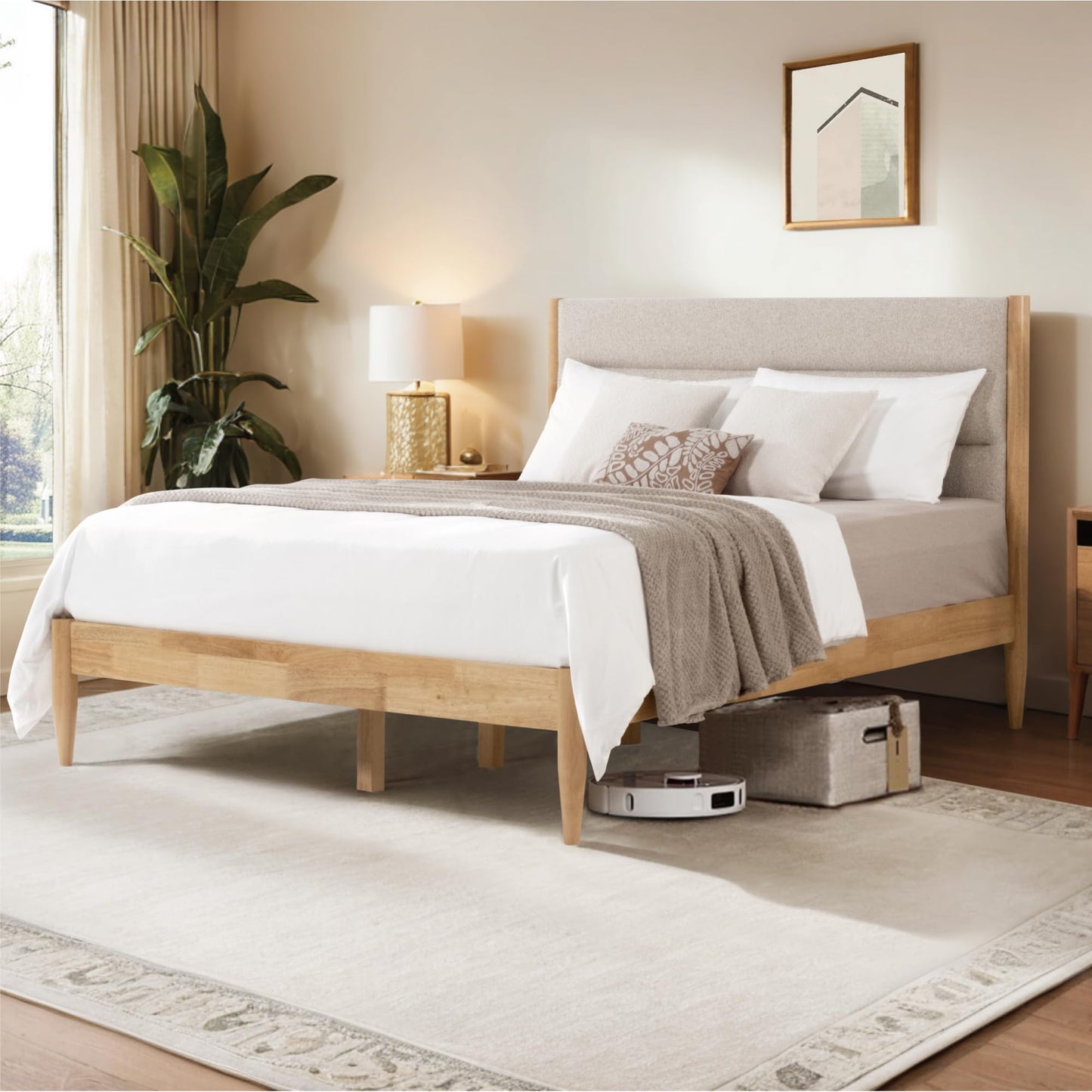KISLOT Wood Bed Frame with Upholstered Headboard Wooden Platform with Silent Slat Support Mattress Foundation No Box Spring Needed, Easy Assembly