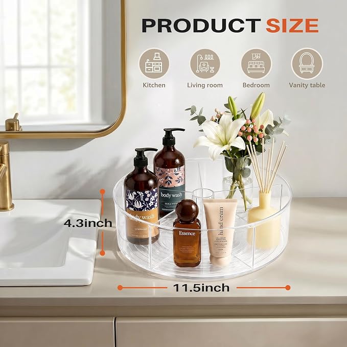 Divided Lazy Susan Turntable Organizer, 11.5" Clear Round Plastic Lazy Susan Turntable, Rotating Storage Container Tray for Pantry, Fridge and Kitchen