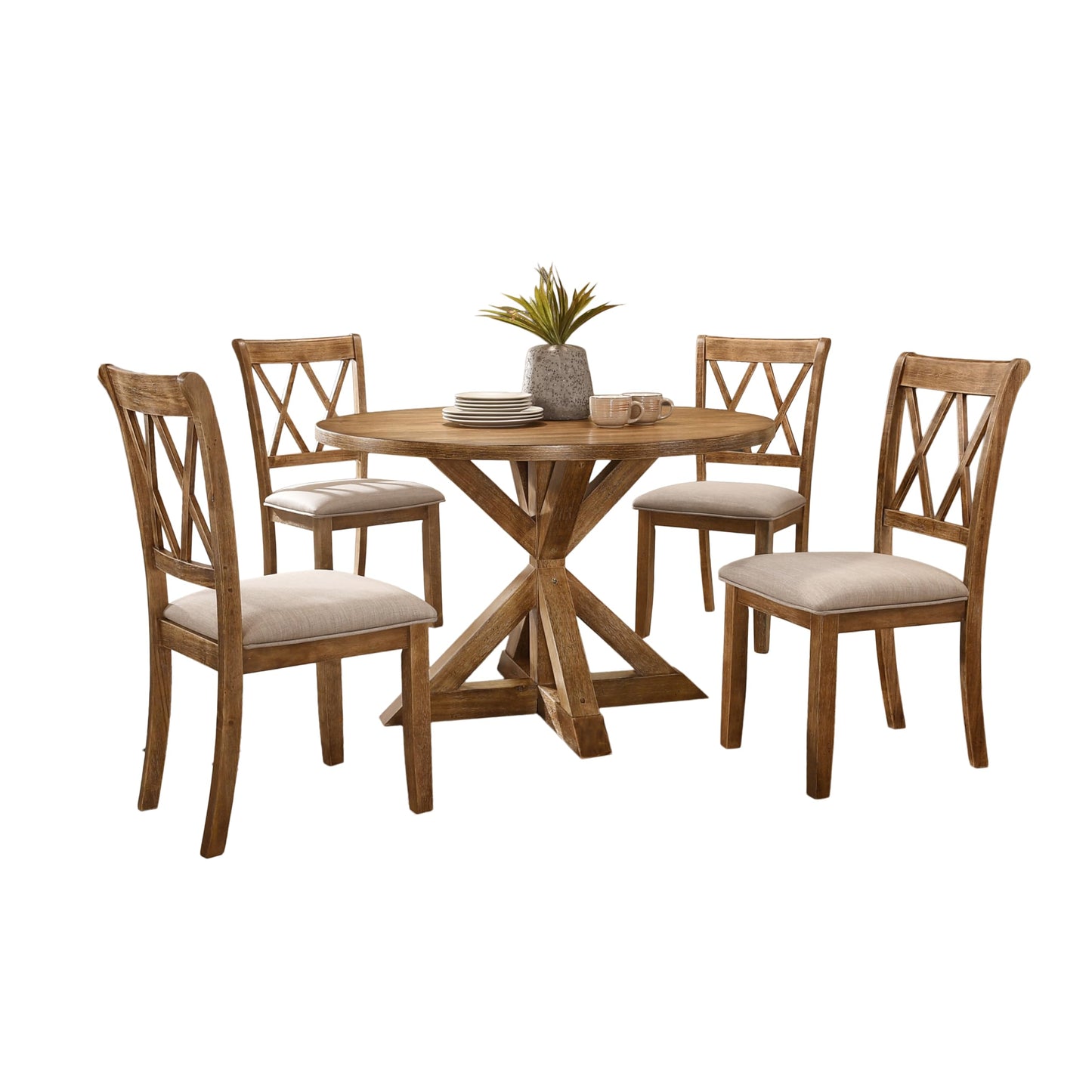 Roundhill Furniture Windvale Cross-Buck Wood 5-Piece Dining Set, Brown