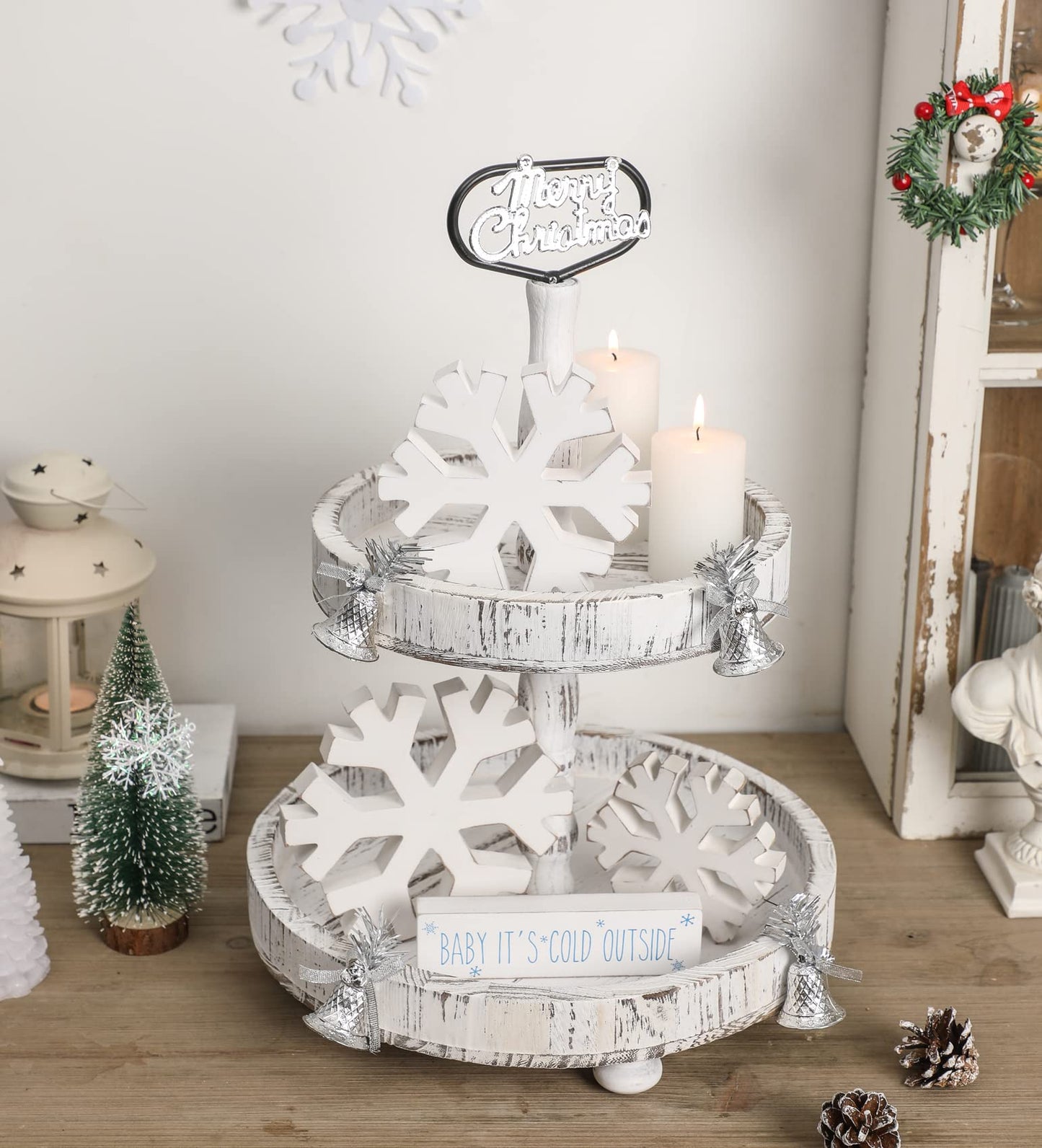 4 PCS Winter Wooden Snowflakes Decor - Christmas Snowflake Signs - Christmas Fireplace Decoration for Party - Tabletop Fireplace Decors Indoor