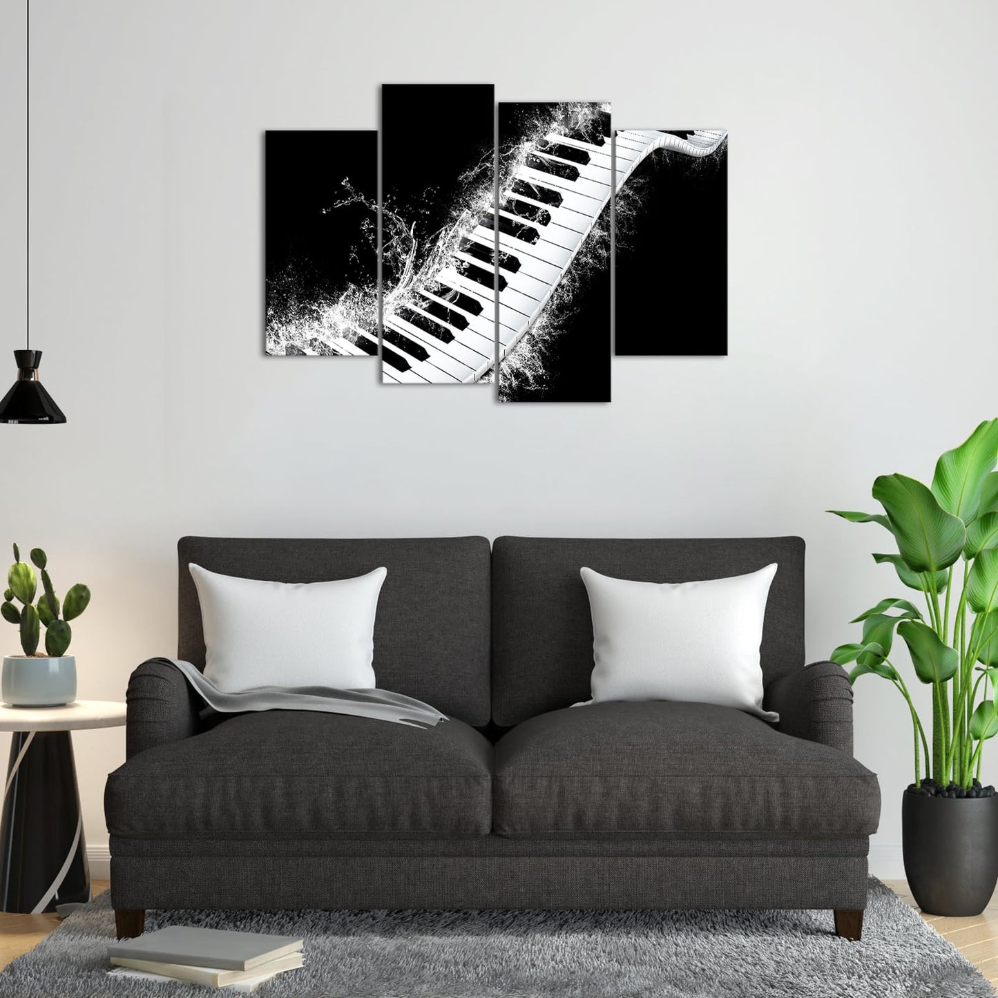 Canvbay 4 Panels Music Canvas Wall Art Black and White Piano Keyboard with Water Splash Pictures Prints Musical Instrument Artwork Framed for Studio Office Living Room Decor
