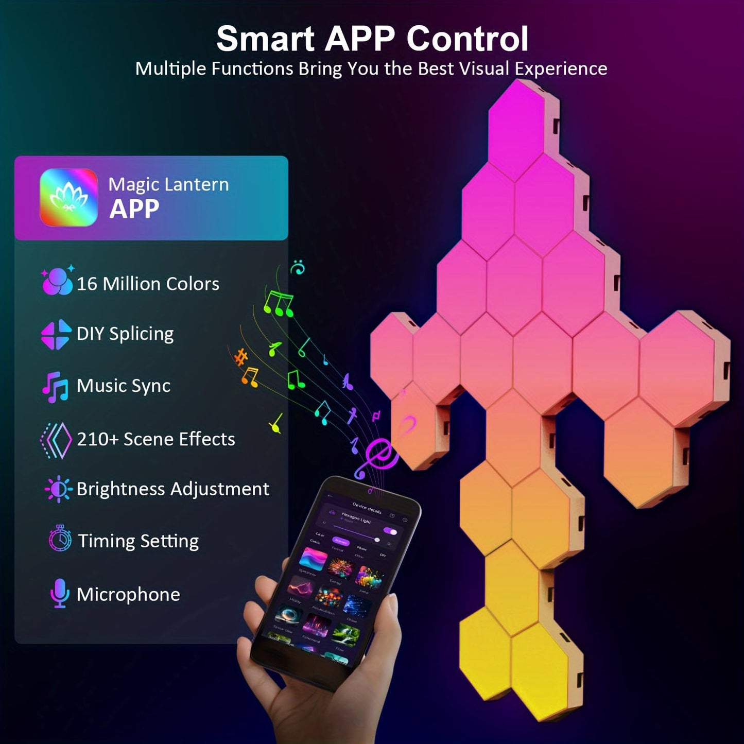 ODISTAR Hexagon Wall Light Panels (8 Pack)- Smart APP RGB Hexagonal LED Modular Lights with Remote Control,Music Sync Features for Gaming Rooms,Living Rooms, Bedrooms, DIY Enthusiasts and Gift Options