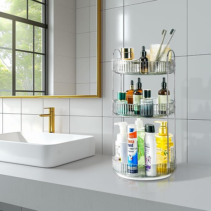 360 Rotating Makeup Organizer, 3 Tier Large Capacity Lazy Susan Bathroom Counter Organizer, Skincare Organizers, Spinning Perfume Organizer & Vanity Organizer Countertop (Classic Grey, 3 Tier)