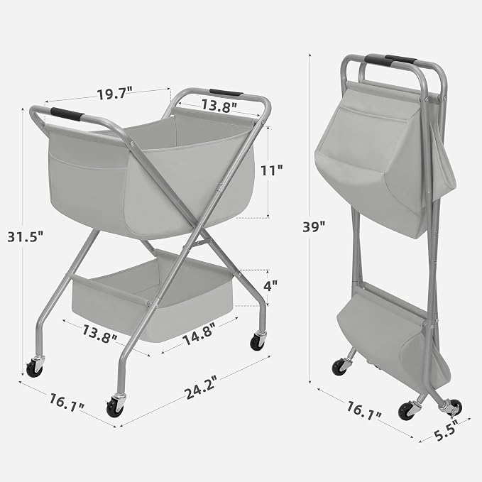 STORAGE MANIAC Collapsible Laundry Cart with Wheels 31.5"H Rolling Laundry Hamper Clothes Basket with Wheels, Canvas Liner Sturdy Steel Frame Folding for Small Narrow Space Easy Storage, Grey