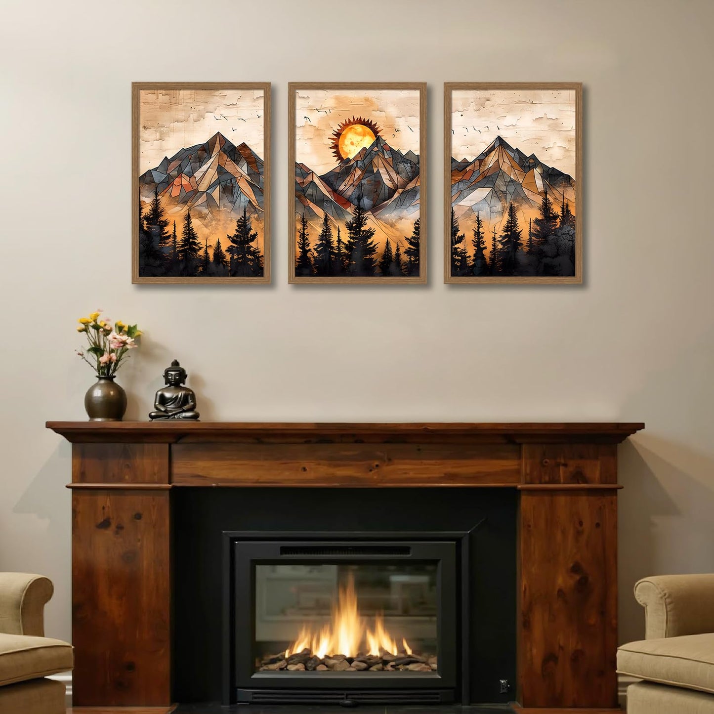 soonkiss Warm Tone Geometric Mountain Wall Art Set of 3, Abstract Sunset Forest Canvas Prints, Boho Nature Wall Decor for Living Room Bedroom Office 12x16 Inch
