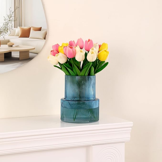 Blue Glass Vase, Ribbed Glass Vase for Tulips, Flower Vases for Bouquet, Blue Modern Vases for Living Room, Dining Table, Entryway, Mantle, Shelf, Wedding, Office, 7.5 Inches