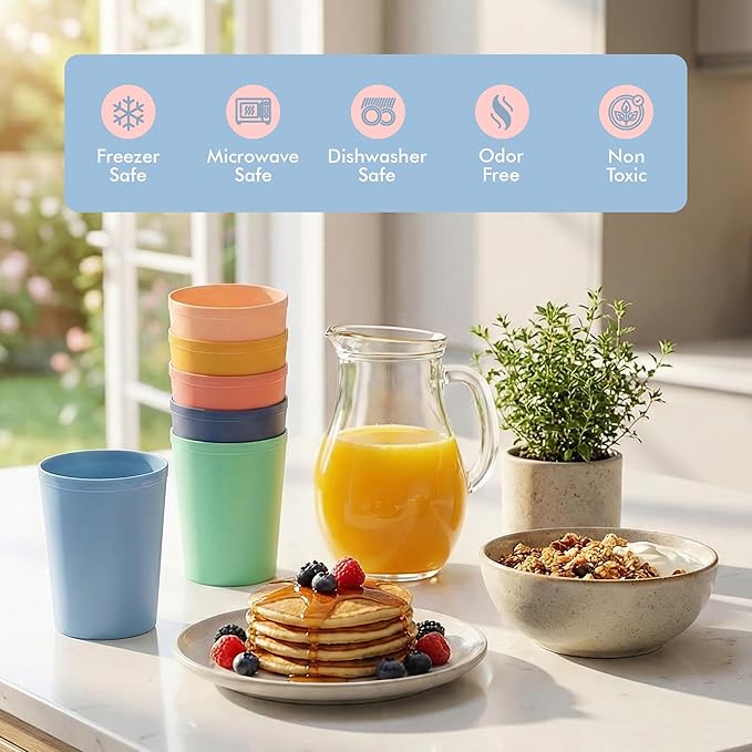 MASTERCOOK 6 Pcs. Small Reusable Cups –8 oz Unbreakable Drinking Glasses -Toddler Cups for Water, Juice, Milk–BPA Free Stackable Tumblers Plastic Cup set for Kitchen, Picnics, Parties- Kid-Friendly