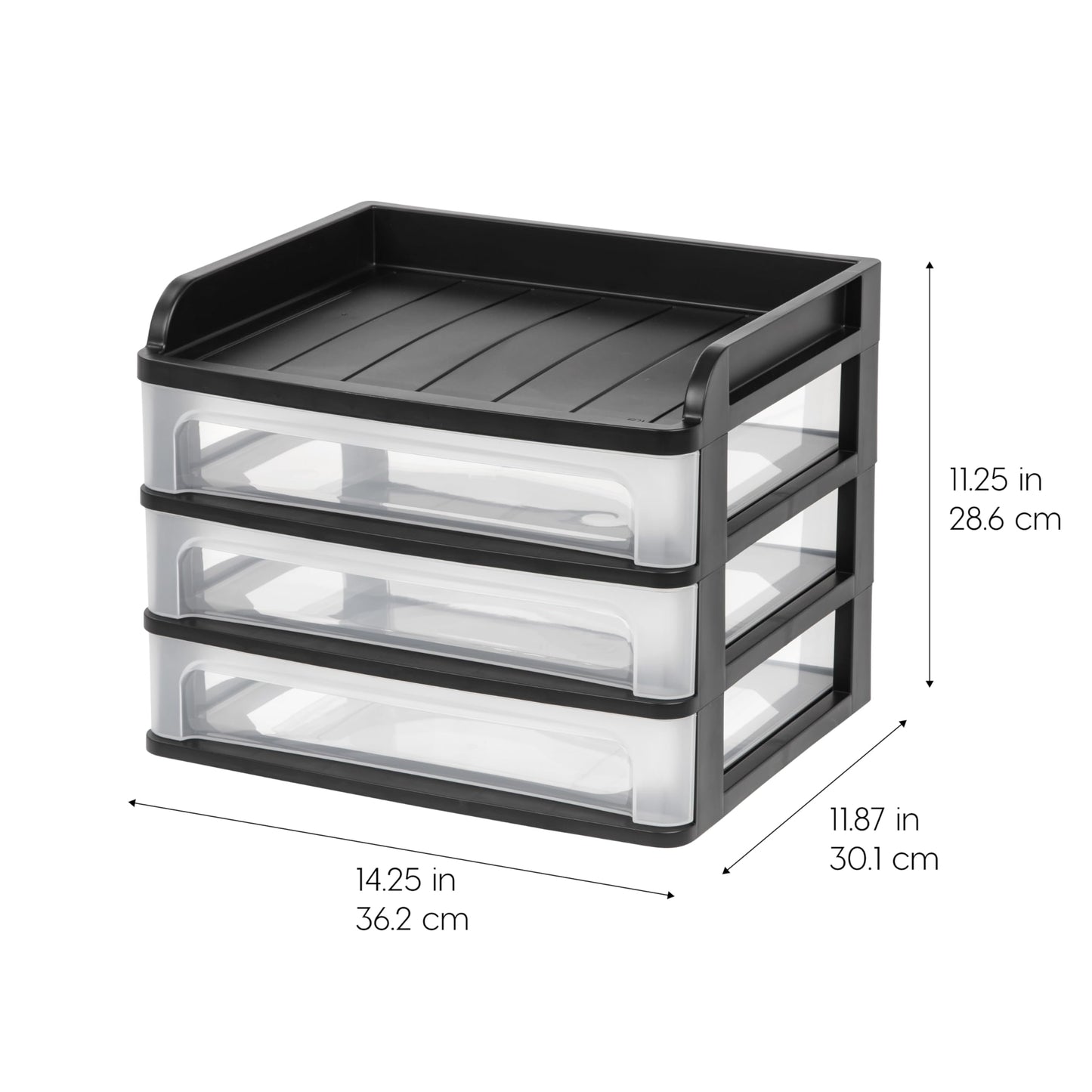 IRIS USA Plastic Desk Top 3-Drawer Storage Organizer with Paper Tray Top, 1-Pack, for Makeup Vanity Nail Polish Bathroom Stationery Art Craft Supplies Kitchen Office Garage Organization, Medium, Black