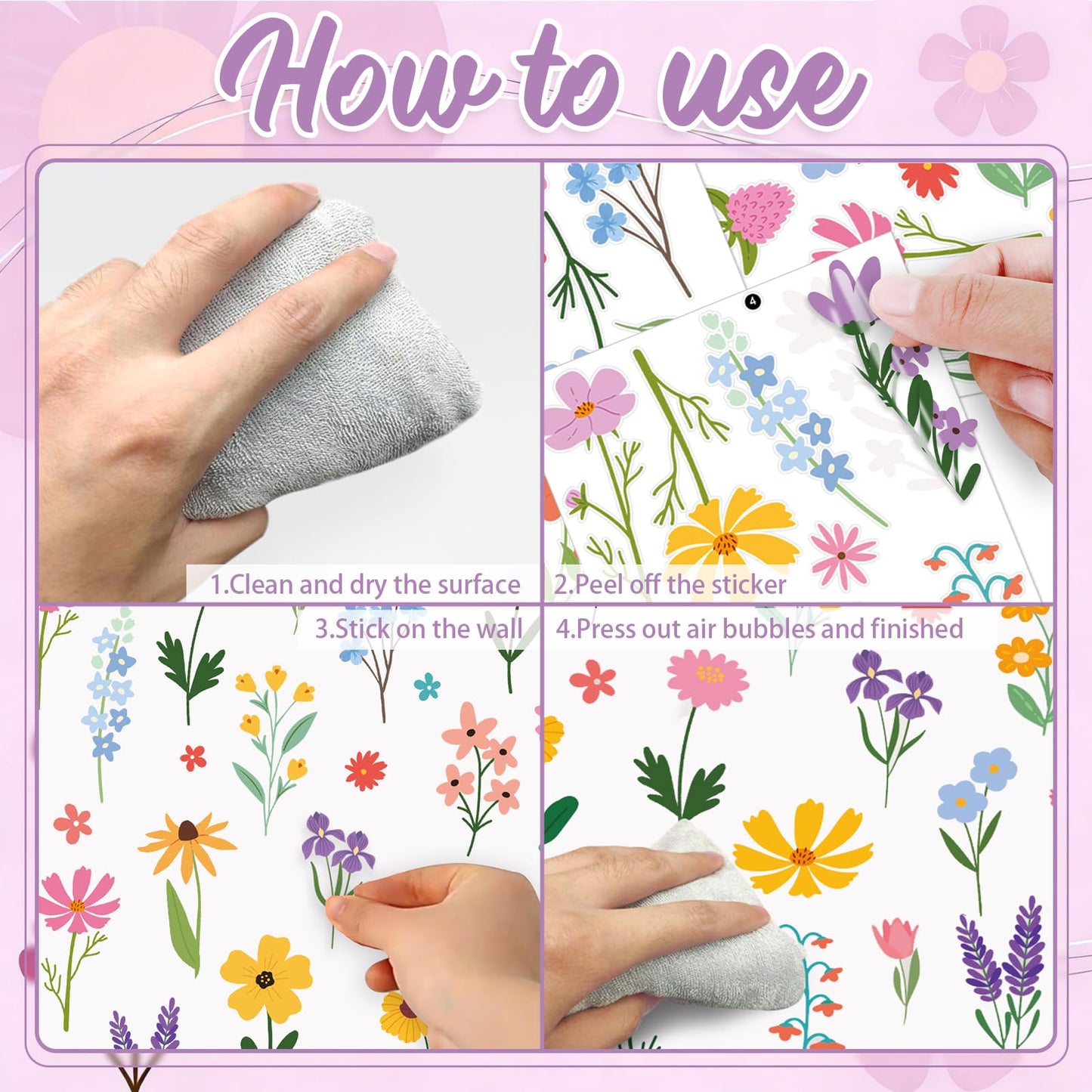 Spring Flower Wall Stickers, 8 Sheets Wildflower Wall Decals Peel and Stick Floral Wall Decor for Girls Bedroom Nursery Spring Room Decorations 90 Pcs