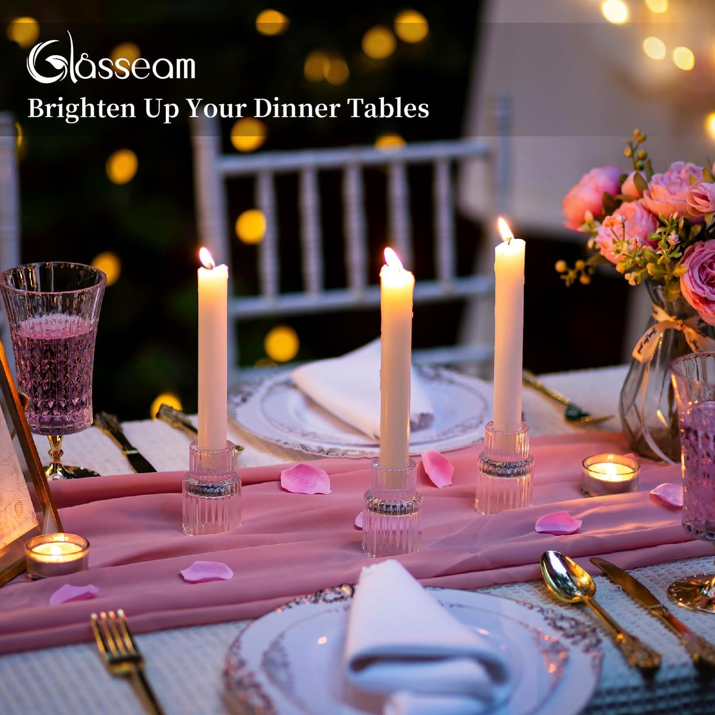 Glasseam Small Candle Stick Holder: Crystal Clear Glass Candle Holder Set of 10, Modern Taper Candle Holders for Table Centerpiece, Ribbed Tapered Candlestick Holders for Dining Room Decoration