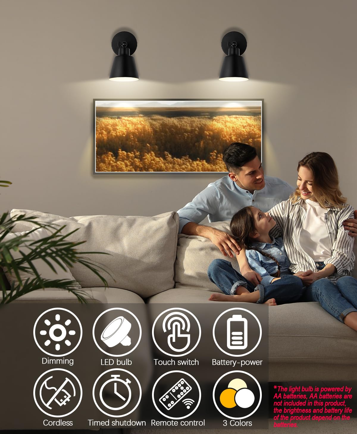 BIMEAN Black Battery Operated Wall Sconce Set of Two, Easy to Install Wireless Lights for Wall, Remote Control Dimmable LED Lights, Auto Timer Wall Lamp Fixtures for Bedroom, Gallery, Living Room, RV