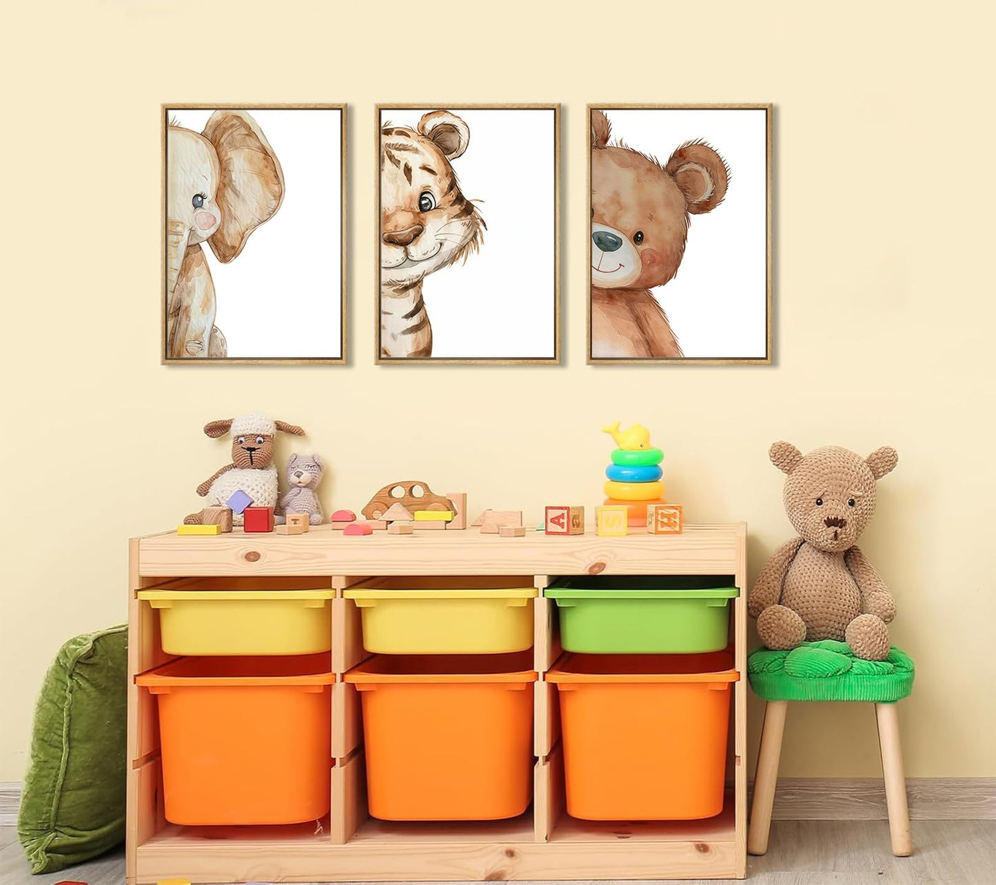 Devunaty 3pcs Funny Safari Animals Nursery Canvas Wall Art Baby Animals Poster Print Wall Decor Cute Bear Tiger Elephant Paintings Picture for Kids Baby Room Boys Girls Bedroom Decor 12X16in Unframed