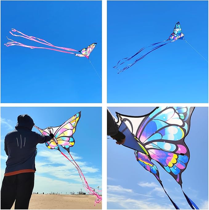 Simxkai Butterfly Kite for Kids & Adults, Easy to Fly Blue Big Kite for Beginners, Line Handle Included (1Pack 2Pack)