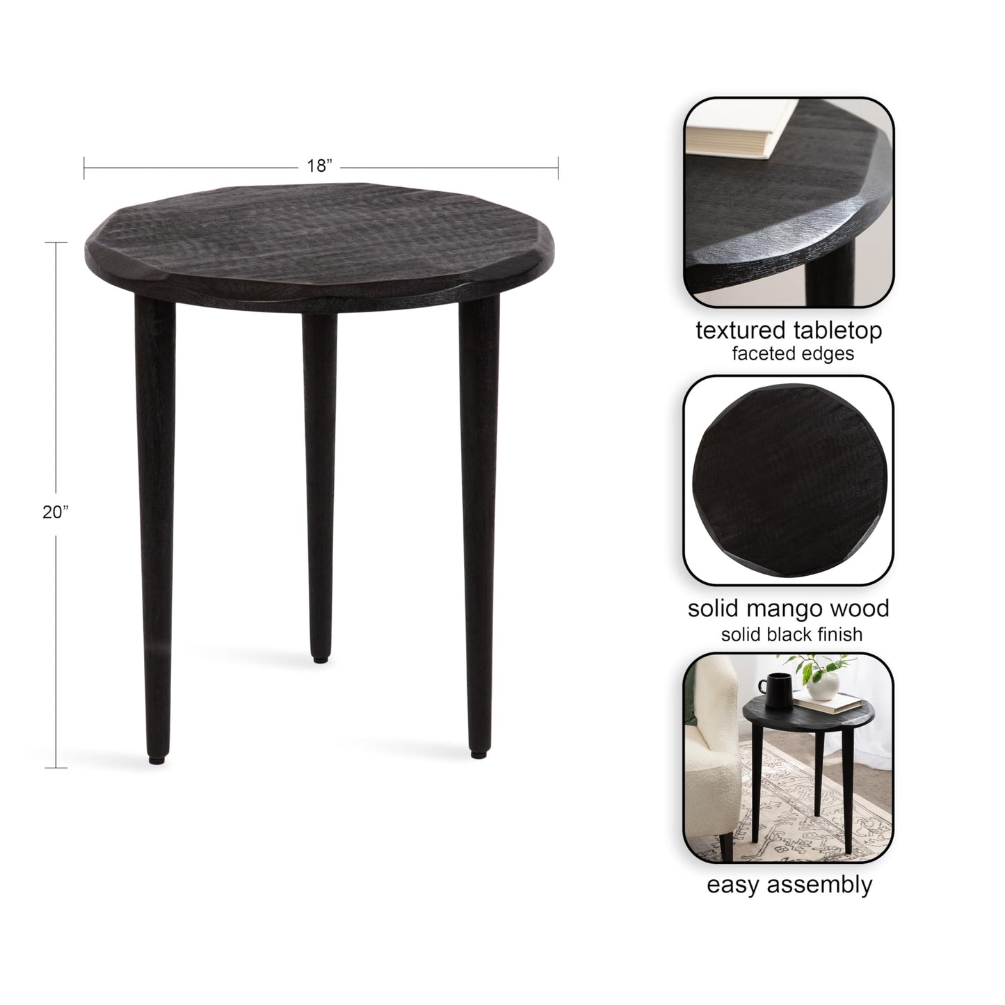 Kate and Laurel Tavares Modern Wooden Round Side Table, 18 x 18 x 20, Black, Solid Wood Accent End Table with Textured Top and Faceted Edge for Use as Indoor Plant Stand or Living Room Decor Piece