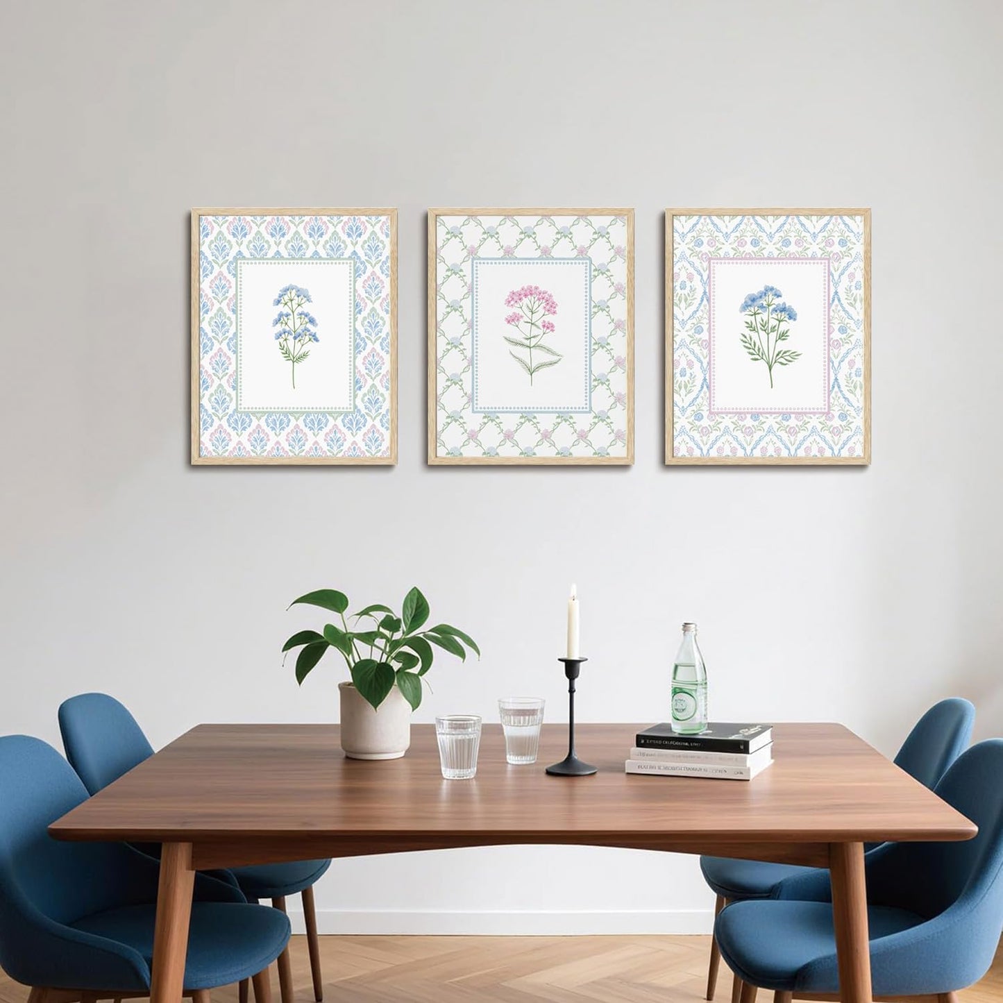 CHMMART 3 Piece Pastel Wildflower Framed Wall Art Nursery Floral Canvas Art Prints Pink Blue Botanical Pictures Wall Decor Boho Flower Painting Artwork for Bedroom Bathroom 12x16in