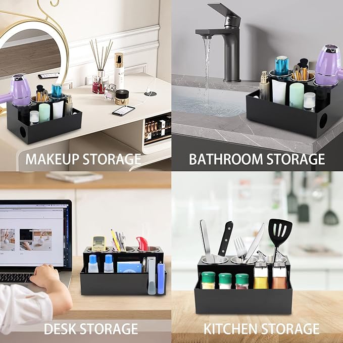 Hair Tool Organizer, Black Acrylic Hair Dryer Holder with Insulated Cup, Bathroom Supplies Countertop Blow Dryer Holder, Vanity Caddy Storage Stand for Accessories, Makeup, Toiletries