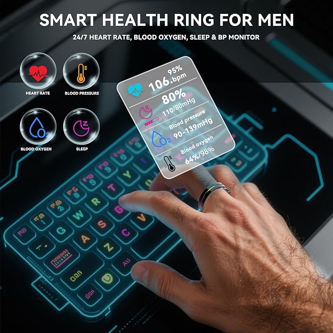 Smart Ring for Women Men,Health Fitness Tracker with Sleep/Blood Pressure/Oxygen Monitoring, Heart Rate & Activity Tracking,IP68 Waterproof, 7-Day Battery,No Subscription Fee 3-Black 9