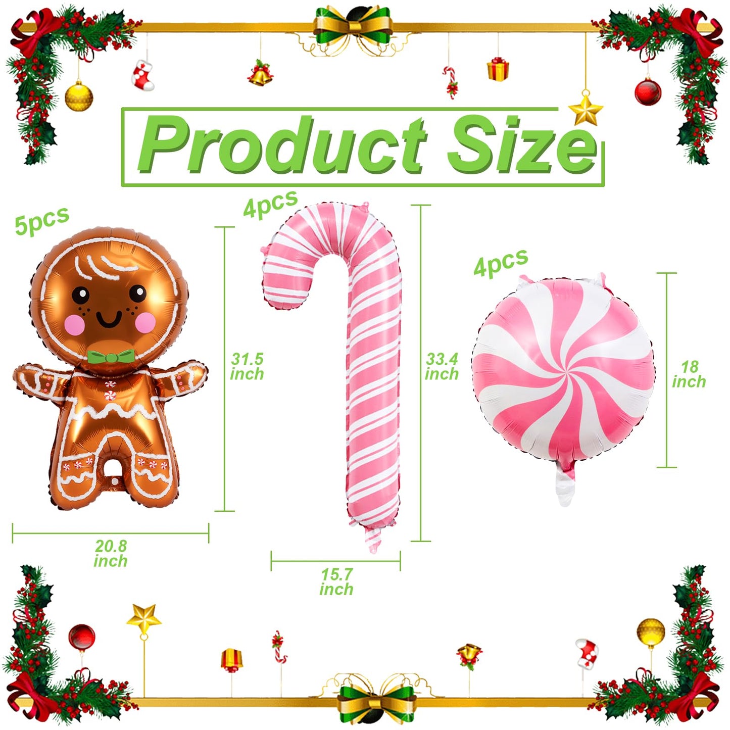 14 Pcs Christmas Balloons Decorations Gingerbread Man Balloons Pink Candy Cane Foil Balloon for Christmas Birthday Party Winter Themed Decorations