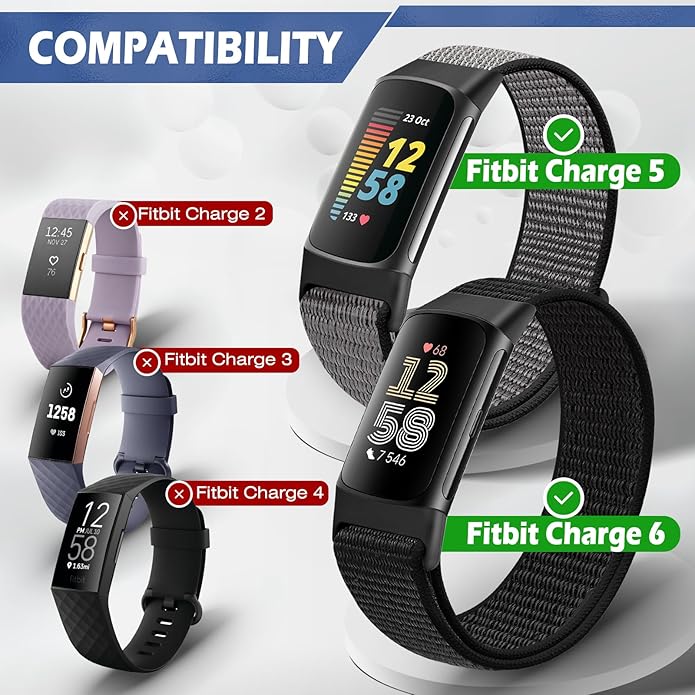 Sport Loop Nylon Watch Bands Compatible with Fitbit Charge 6/5, Adjustable Breathable Replacement Soft Nylon Loop Wristband for Women/Men