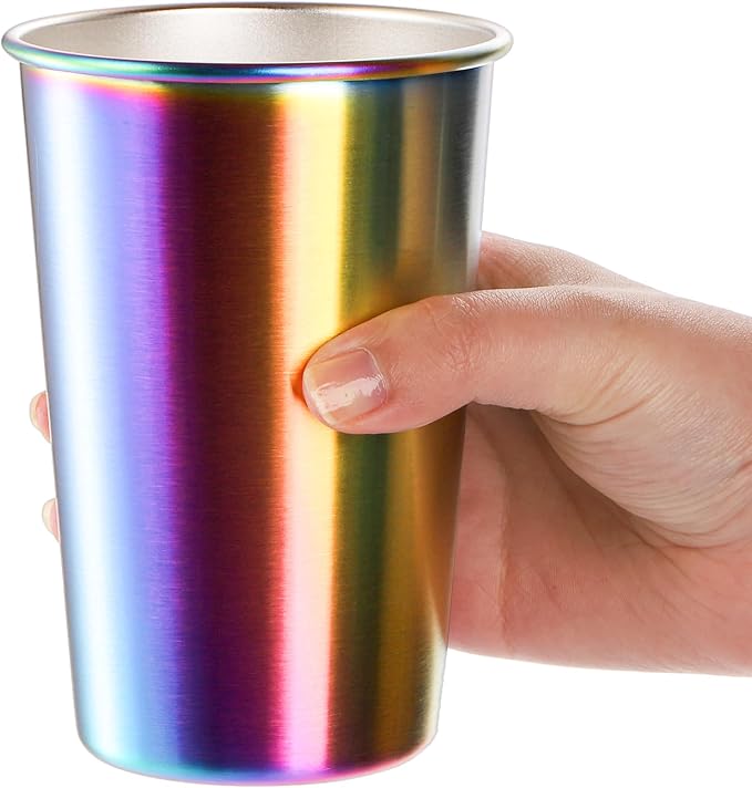 Tosnail 6 Pack Stainless Steel Pint Cups, 16 oz Metal Cups Unbreakable Drinking Glasses Water Tumblers for Kids, Adults Indoor and Outdoor Use, Rainbow