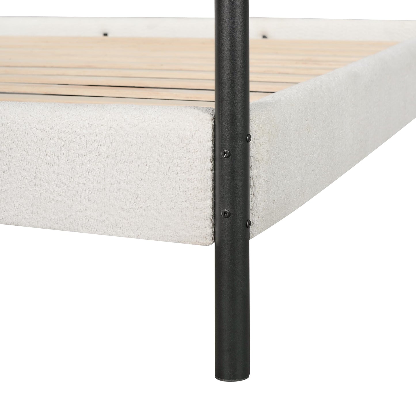 Christopher Knight Home King Size Upholstered Canopy Bed Frame with Boucle Fabric, Curved Headboard and Iron Legs, Modern Platform Bed Frame with Slats No Box Spring Needed, White