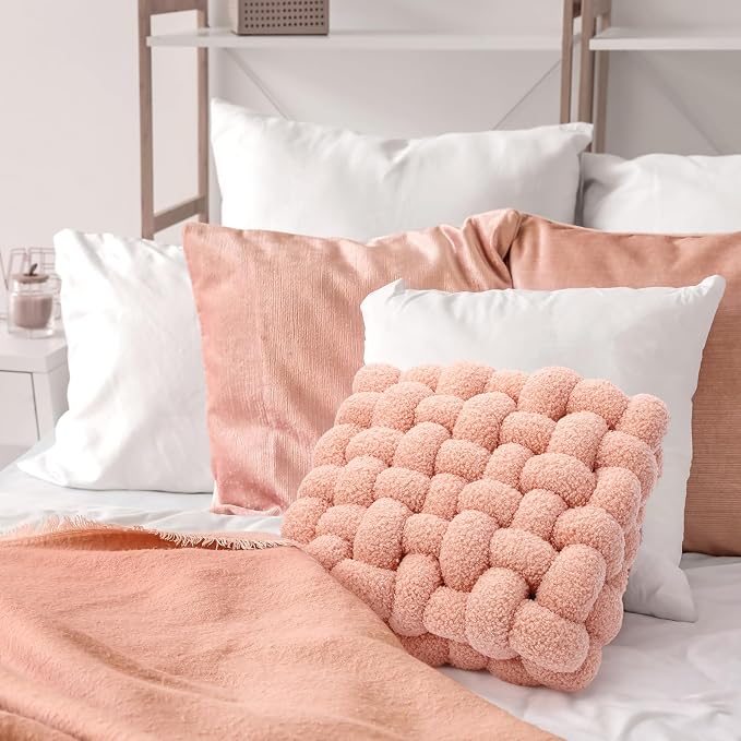 Wenqik 2 Pcs Knot Pillows Square Knotted Plush Throws Soft Accent Pillows Decoration Cushion for Couch Home Office Living Room Bedroom Bed Sofa Decor, 12'' x 13''(Pink,Lambswool)