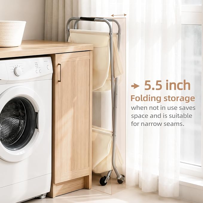 STORAGE MANIAC Collapsible Laundry Cart with Wheels 31.5"H Rolling Laundry Hamper Clothes Basket with Wheels, Canvas Liner Sturdy Steel Frame Folding for Small Narrow Space Easy Storage, Beige
