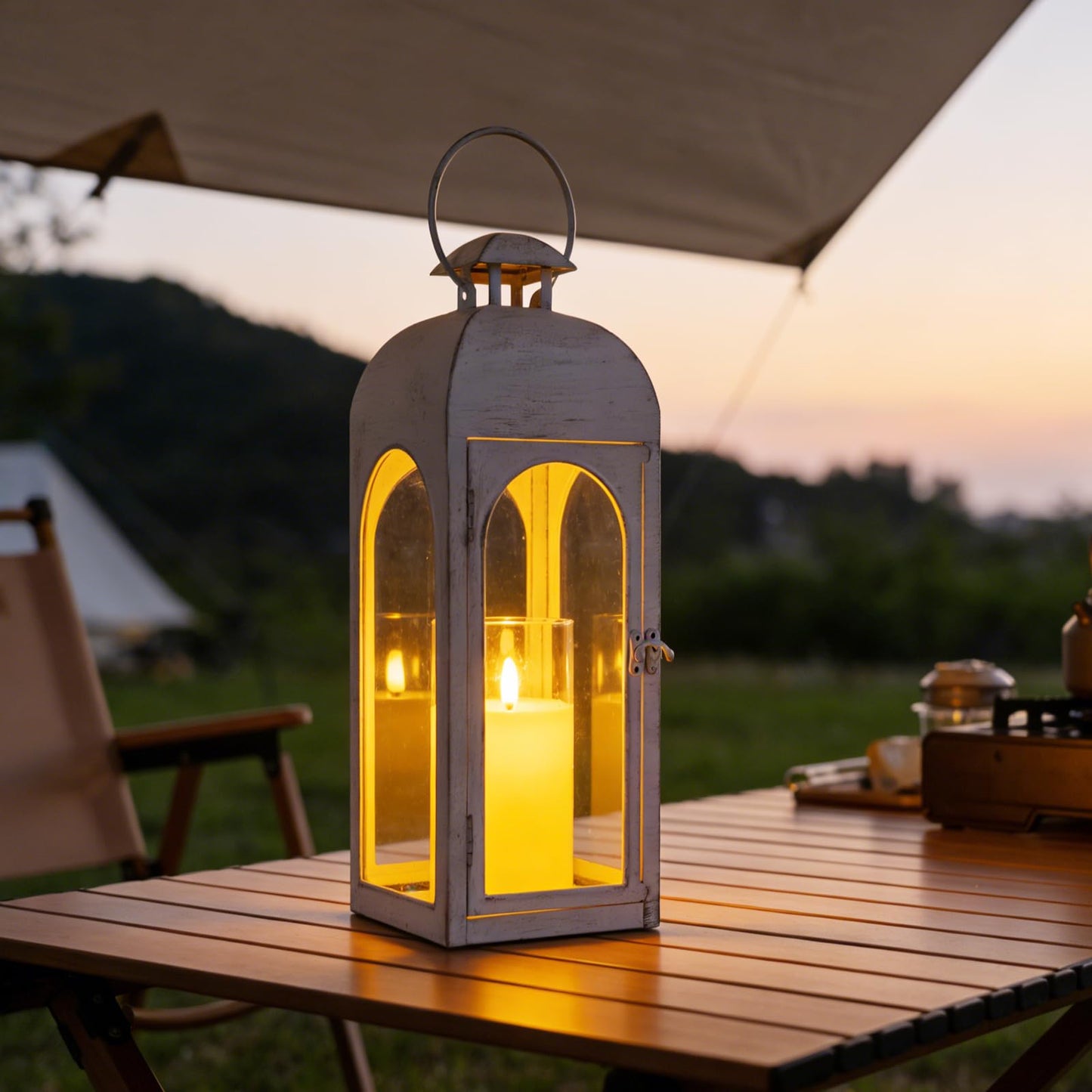 Damsico Lantern Decorative Indoor & Outdoor, Large Hanging Candle Lanterns, Metal Decorative Candle Lanterns, Waterproof Hanging Lantern for Porch Patio Wedding Home (White)
