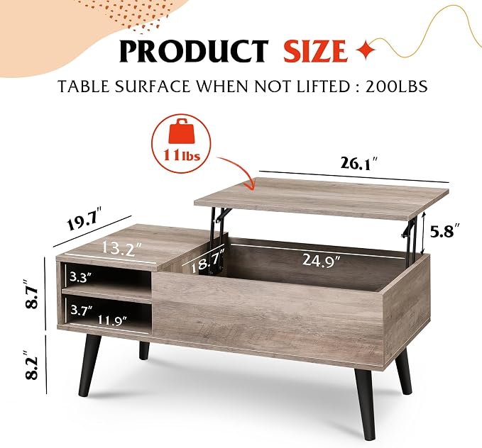 WLIVE Lift Top Coffee Table for Living Room,Small Coffee Table with Storage, Adjustable Shelf and Storage Compartment, Mid Century Modern Living Room Table, Greige