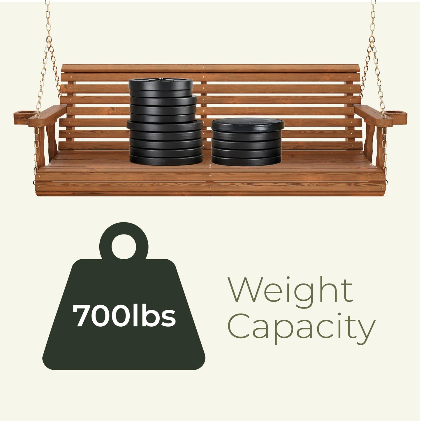 Amish Casual Heavy Duty 700 Lb Capacity Porch Swing with Cup Holders (4 Foot, Dark Walnut Stain) – Wooden Outdoor Roll Back Swing with Hanging Chains – Amish Made in the USA