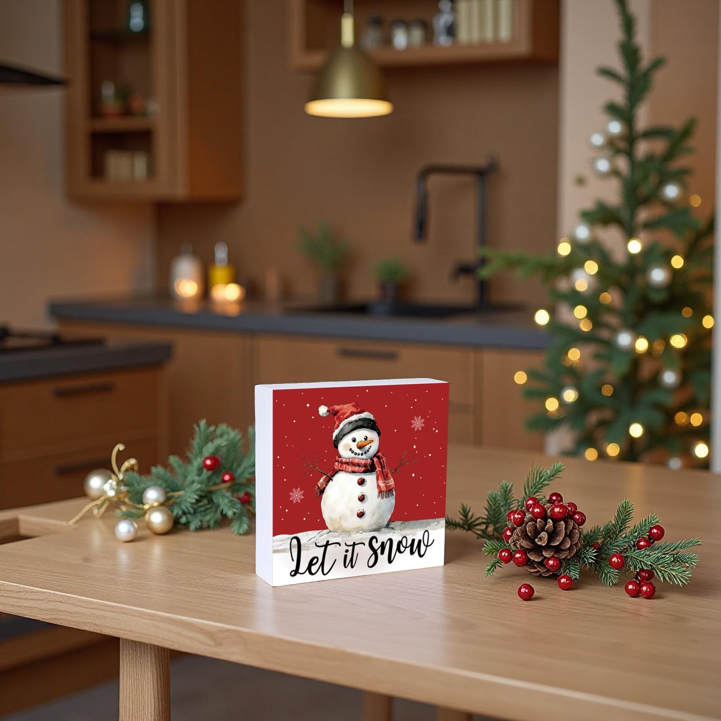 Christmas Table Decorations Christmas Decor Indoor Home Room Winter Snowman Let It Snow Office Bathroom Wood Box Sign Rustic Wooden Shelf Desk Decor Season Sign House Warming Gifts 5.9 x 5.9 Inch