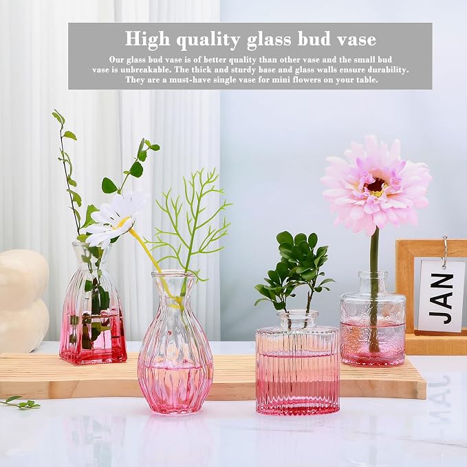 Mapoxy Glass Bud Vases Set of 4,Small Pink Flower Vases for Wedding Centerpiece Table Decorations,Clear Vintage Embossed Mini Vases,Flower Arrangements in Vases for Party or Home Decor
