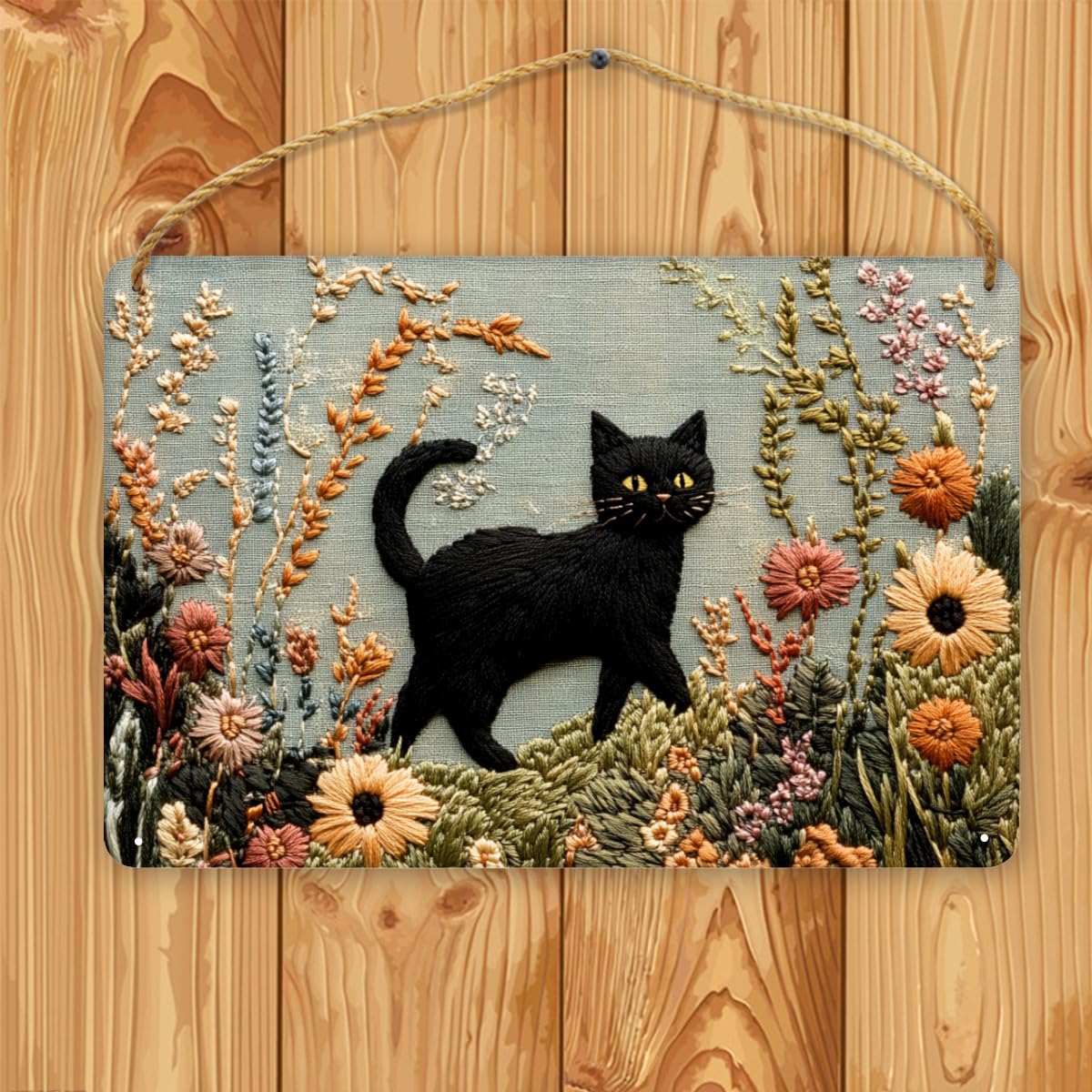 CDSASHCA Embroidered Black Cat In Flowers Wooden Sign 12x8 Inch, Charming Pet Wood Wall Art for Living Room, Rustic Farmhouse Wall Decors, Ideal for Cat Lovers & Nature Enthusiasts