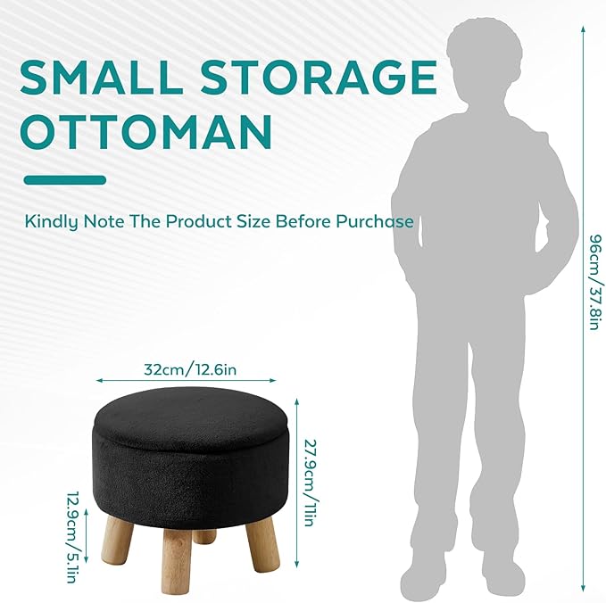 Small Foot Stool Ottoman with Storage, Soft Faux Fur Ottoman Foot Rest for Couch, Round Footstool with Storage, Small Ottomans and Footstools for Living Room and Entryway (Black)