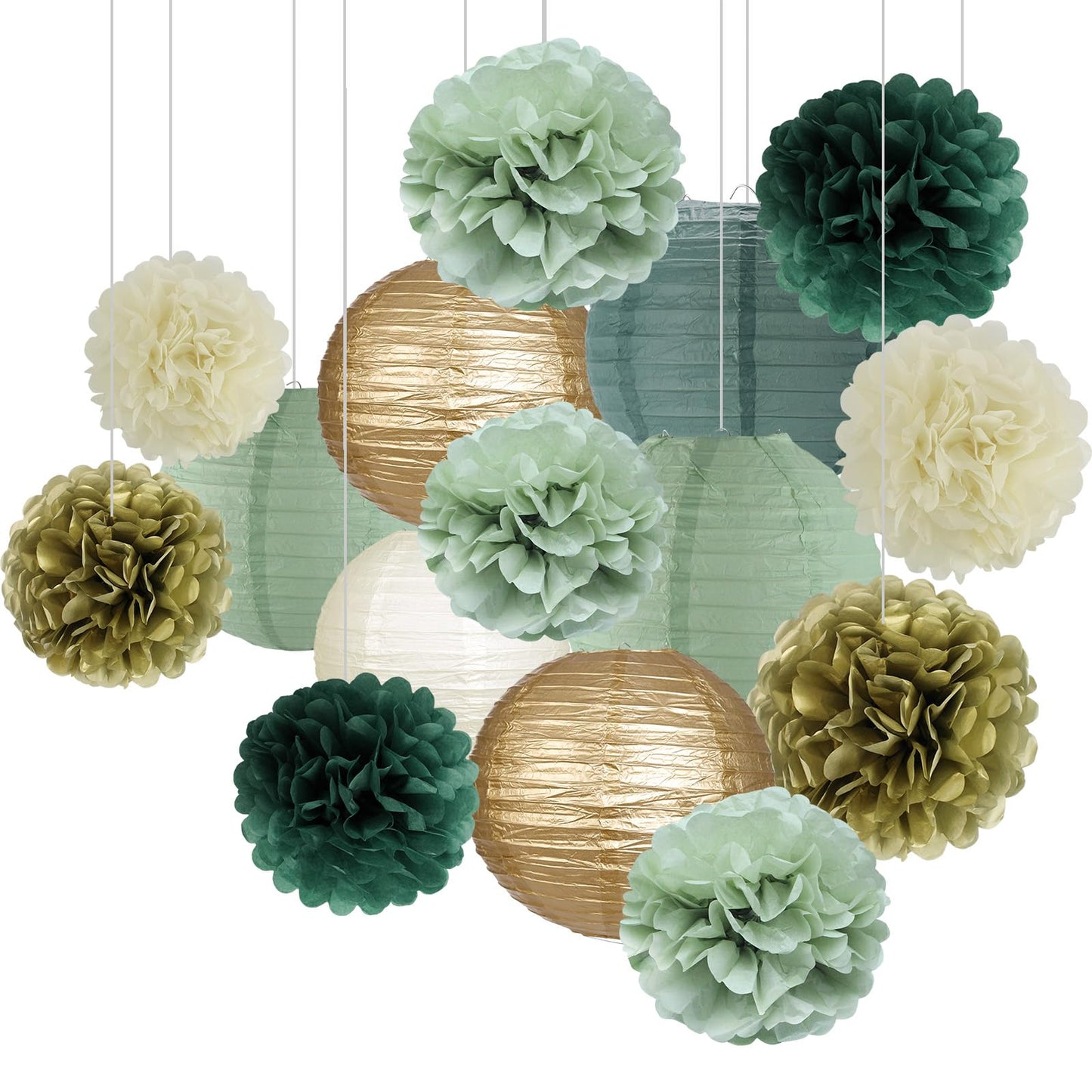 zilue Sage Green Party Decorations, Paper Lanterns and Pom Poms Flowers for Birthday Party Baby Shower Wedding Shower Decor Gold/Ivory/Sage Green 15pcs
