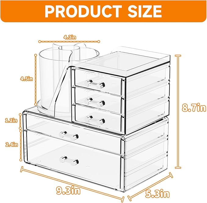 Clear Acrylic Makeup Organizers for Vanity,Countertop,3 Pack Make up Drawer Organizer With Makeup Brush Holder,Plastic Skincare Organizers for Hair Accessories,Beauty,Hair Products,Bathroom,Dresser