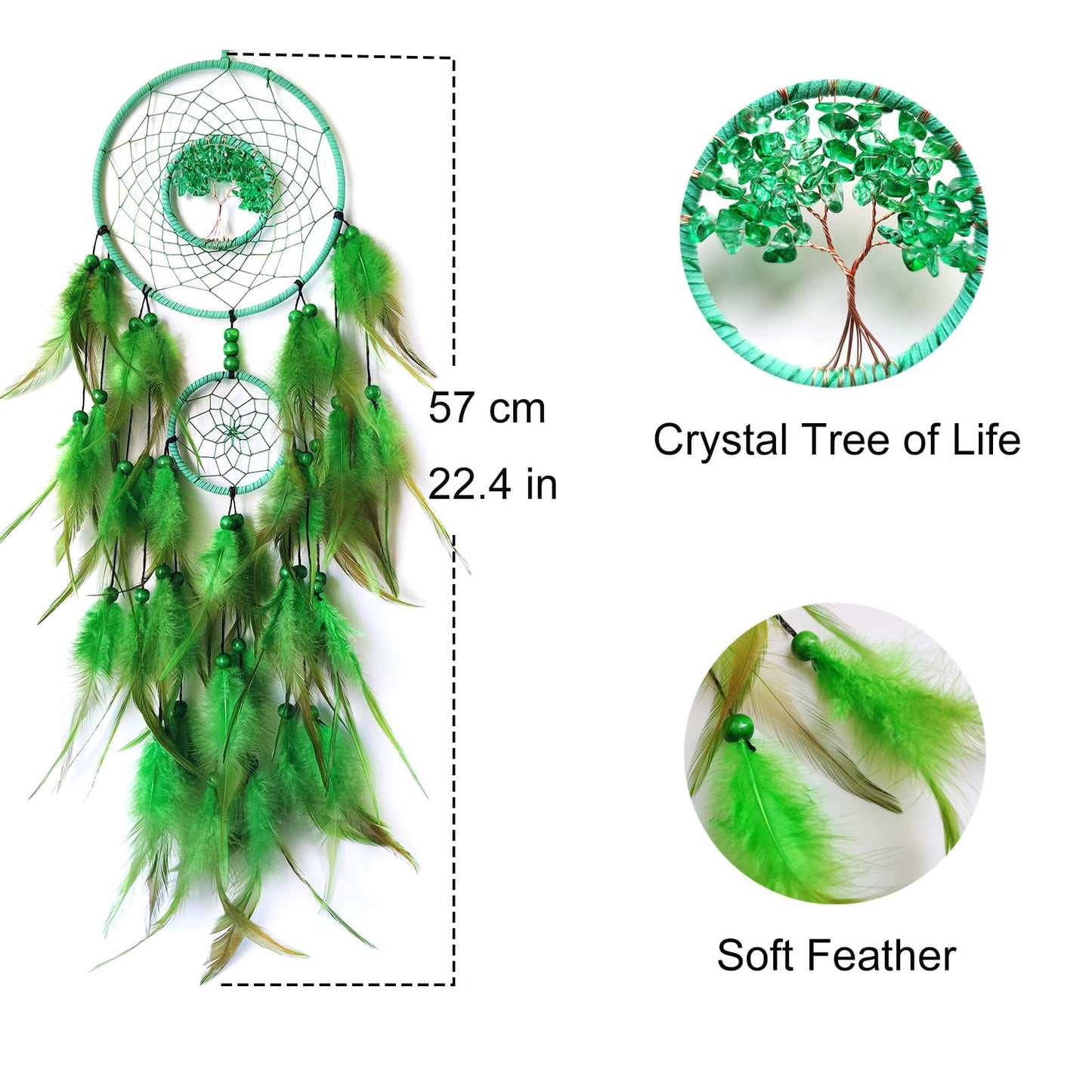 SOYUZU Green Dream Catcher Wall Decor Crystal Tree of Life Dream Catchers Handmade Feather Dreamcatcher Wall Hanging Ornament for Bedroom Living Room Home Decor
