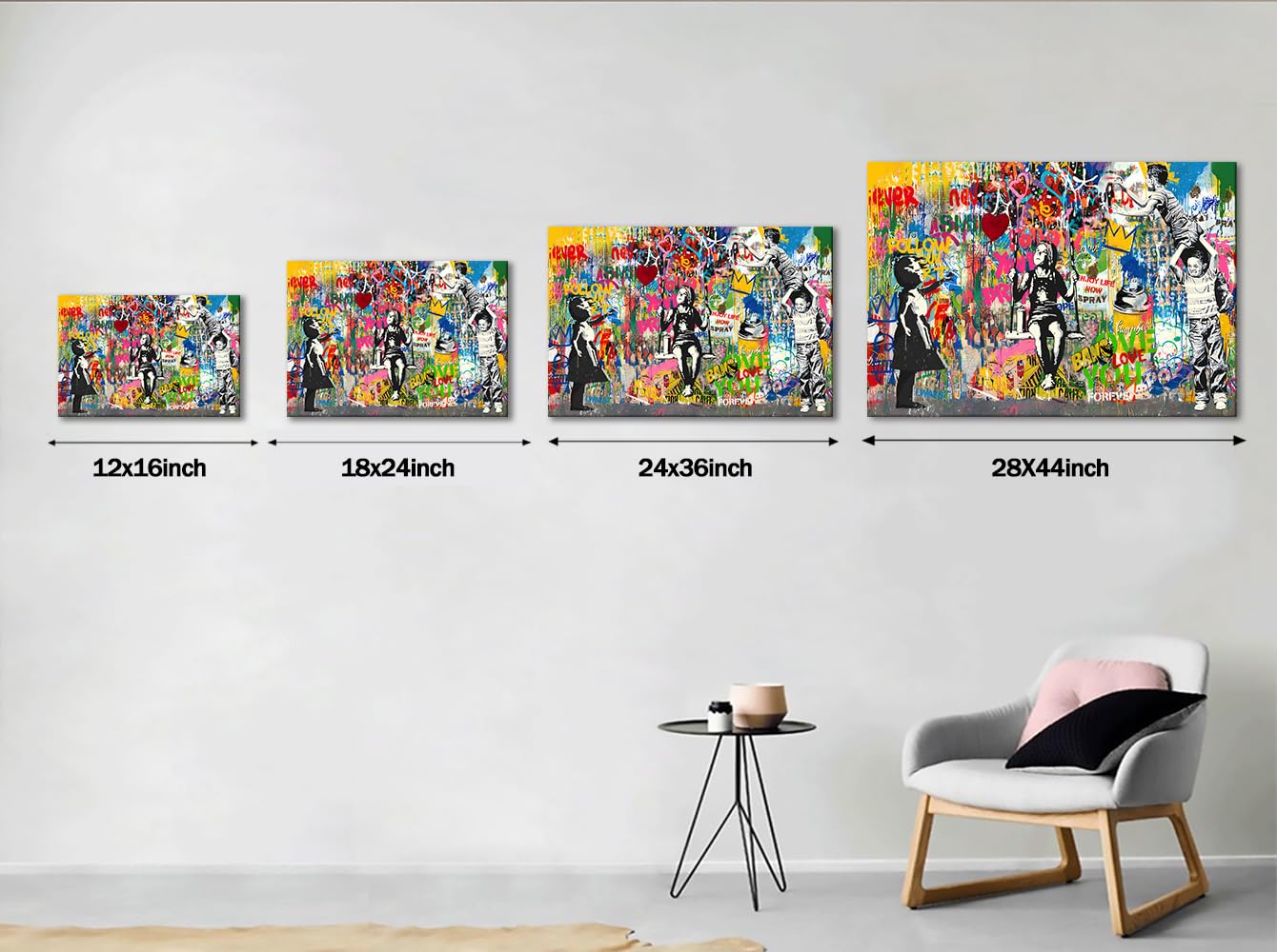 MAMAGO Huge Colorful Graffiti Banksy Wall Decor Modern Street Pop Art Abstract Inspirational Boy Girl Canvas Print Poster Home Apartment Hotel Wall Art Framed Easy to Hang-28 x 44 inch