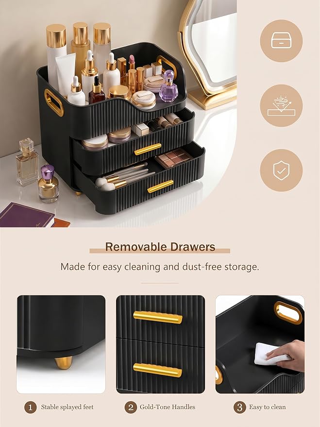Booklov Countertop Makeup Organizer with Drawers, 3 Tier Large Cosmetic Storage Box for Vanity, Bathroom Counter, Dresser, Skincare Display Case for Lipsticks, Beauty Palettes, Teen Girl Gifts, Black