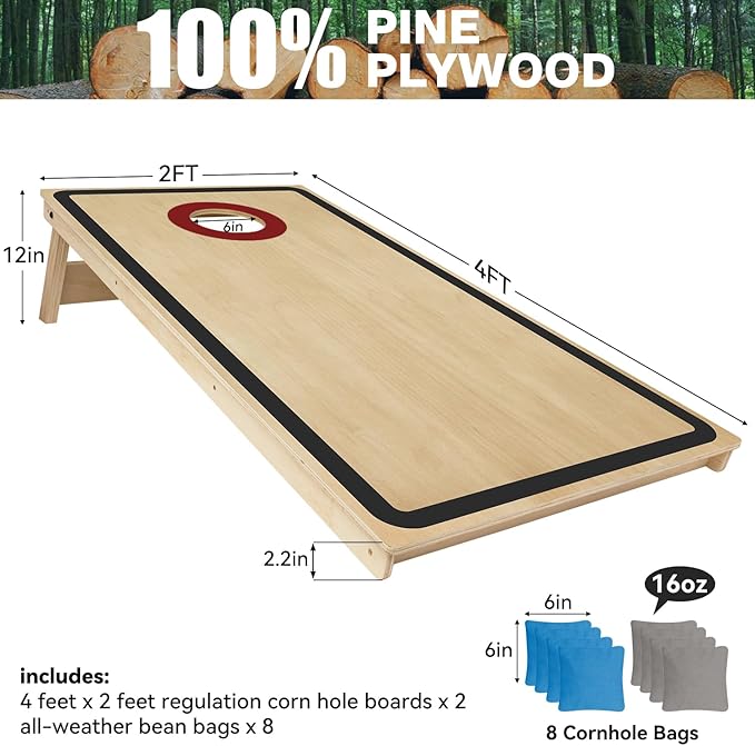 Cornhole Board Set - No Bounce,Regulation Size 4x2 ft,Made of 1/2" Pine Plywood,UV Printing Includes 8 Bean Bags and 2 Cornhole Boards,Perfect for Outdoor Games and Gatherings