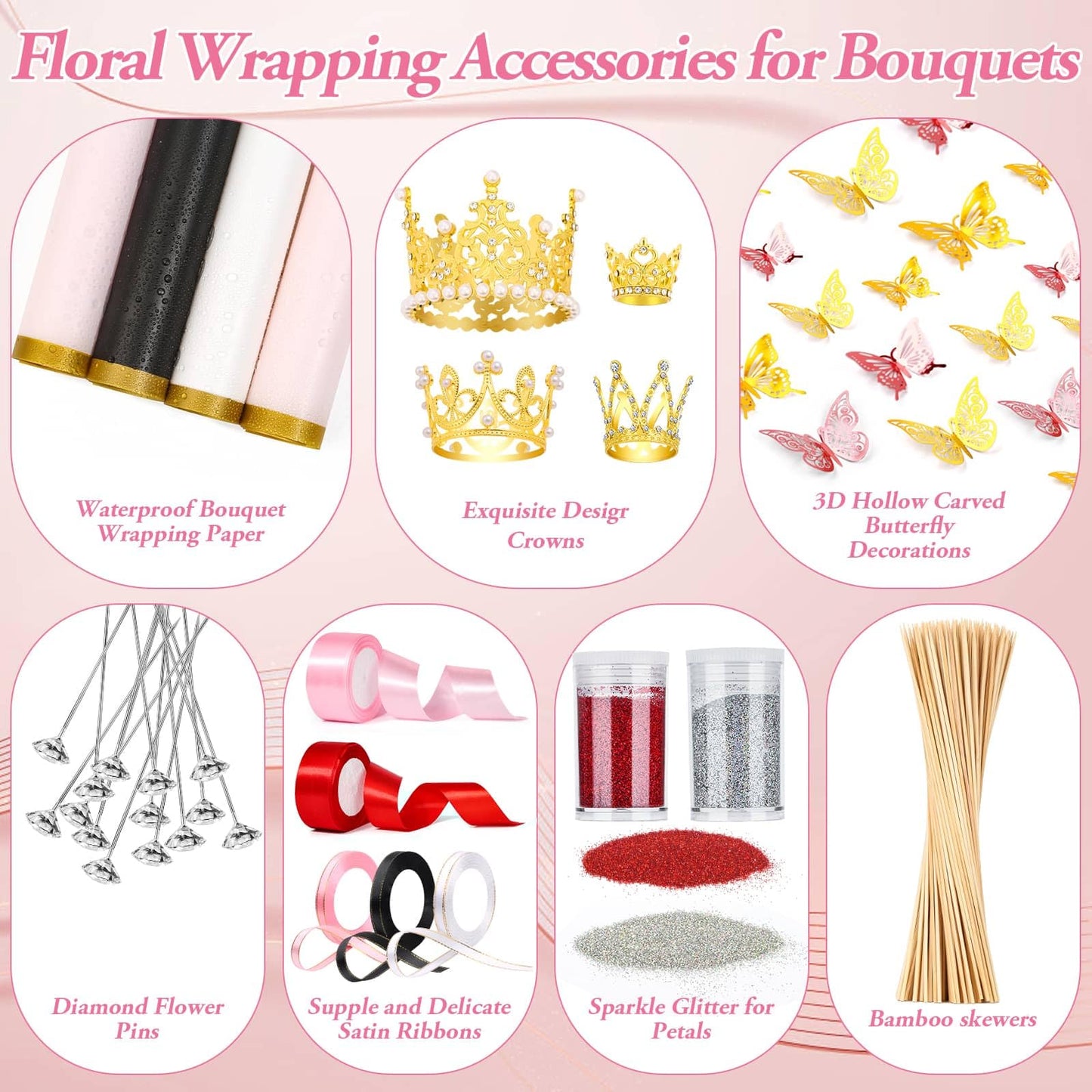 449Pcs Flower Bouquet Wrapping Accessories with Floral Wrapping Paper Gold Crowns Butterfly Decorations Gem Pins and Wooden Sticks, Ribbons for Money Bouquet Mother's Day Baby Shower Graduation