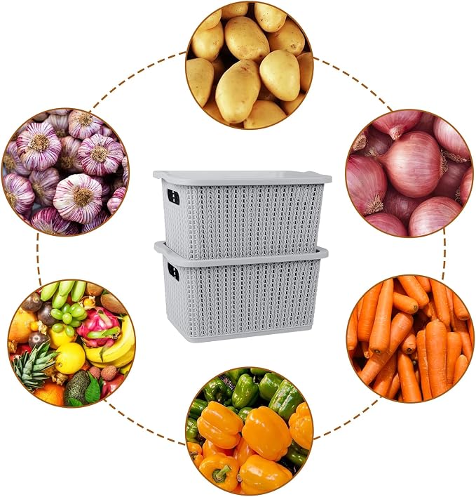 Onion and Potato Storage Baskets,Stackable Plastic Pantry Bins with Lids,BPA-Free, Multifunctional Organizers for Kitchen, Countertop, and More Vegetable Storage Pantry Baskets Organization