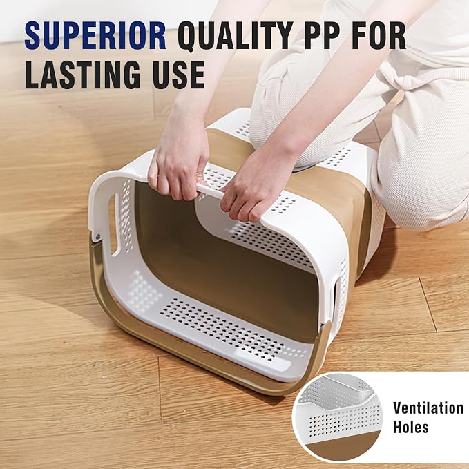 TECHMILLY Collapsible Plastic Laundry Basket Hamper with Handles, 35L Portable Rubber Clothes Basket, Pop Up Storage Container/Organizer with Hanging basket for Washing & Storage, Brown