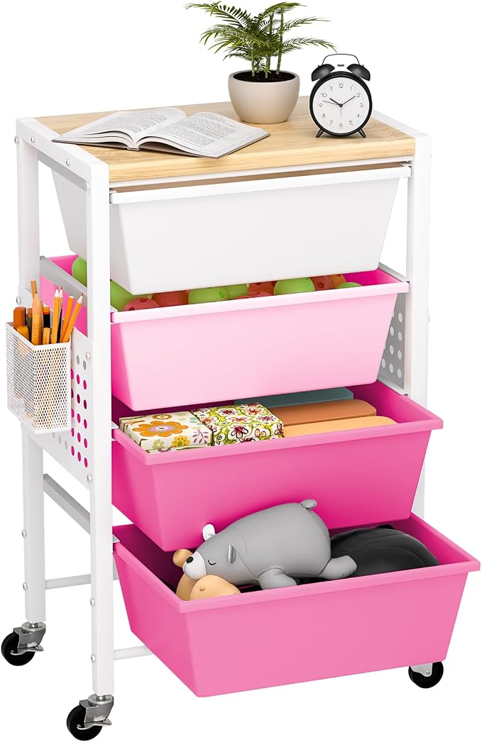 Rolling Cart with Drawers, Rolling Storage Cart with Large Plastic Drawers & Wooden Tabletop, Utility Cart with Pegboards & Basket, Storage Drawers Cart for Living Room, Classroom, Bedroom, Office