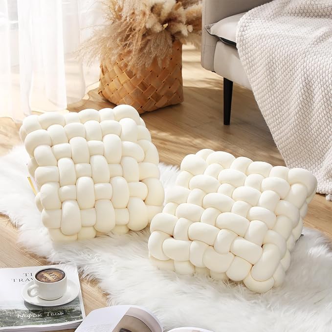 Wenqik 2 Pcs Knot Pillows Square Knotted Plush Throws Soft Accent Pillows Decoration Cushion for Couch Home Office Living Room Bedroom Bed Sofa Decor, 12'' x 13''(Ivory,Crystal Velvet)