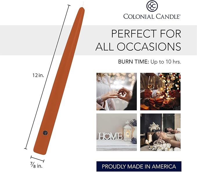 Colonial Candle Unscented Taper Candle, Handipt Collection, Pumpkin, 12 in, Pack of 12 - Up to 10 Hours Burn