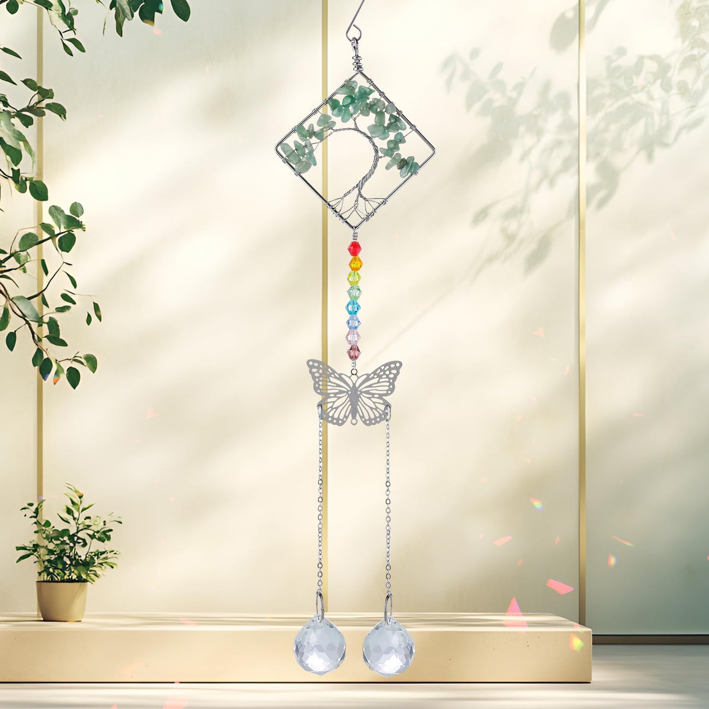 Crystal Suncatchers Butterfly Prism Green Tree of Life Ornament, Clear Prisms Ball for Windows Wall Home Wedding Hanging Decor