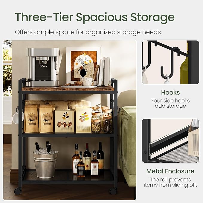 CHOEZON 3-Tier Rolling Bar Cart, Vintage Metal Kitchen Cart with Wheels, Mobile Storage Shelf, Rolling Microwave Stand with Mesh Shelves for Home Bar, Kitchen, Rustic Brown and Black TTC06BF